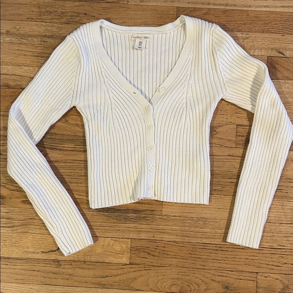 White Ribbed Women's Cropped Cardigan Sweater - Picture 3 of 4